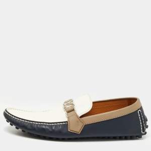 Pre Owned Louis Vuitton Blue/White Leather Hockenheim Slip On Loafers Size 43