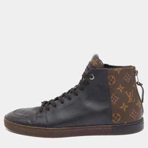 Louis Vuitton Black/Brown Leather and Monogram Canvas Line Up High Top Sneakers Size 45