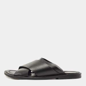 Louis Vuitton Black Leather Foch Cross Strap Flat Slides Size 43