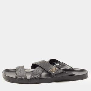 Louis Vuitton Black Leather Crisscross Strap Flat Slides Size 43