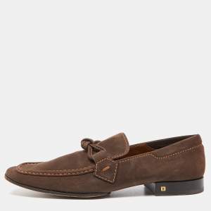 Louis Vuitton Brown Nubuck Leather Logo Bow Slip On Loafers Size 44