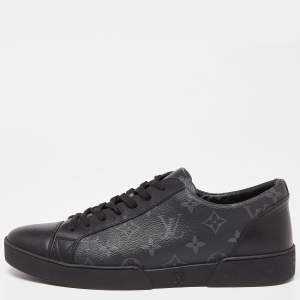 Pre Owned Louis Vuitton Black/Grey Leather and Monogram Canvas Match Up Sneakers Size 43
