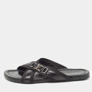 Louis Vuitton Black Leather and Canvas Criss Cross Slides Size 44