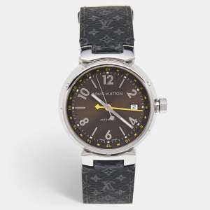 Louis Vuitton Brown Stainless Steel Leather Tambour GMT Q1131 Men's Wristwatch 39 mm