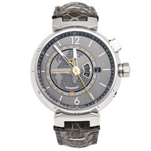 Louis Vuitton Grey Stainless Steel Alligator Tambour World Time Q1055 Men's Wristwatch 44 mm