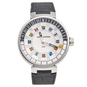 Louis Vuitton Silver Stainless Steel Alligator Tambour Moon Dual Time QA096 Men's Wristwatch 44 mm