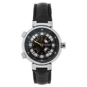 Louis Vuitton Black 18K White Gold Alligator Tambour Spin GMT Q10C3 Men's Wristwatch 44 mm