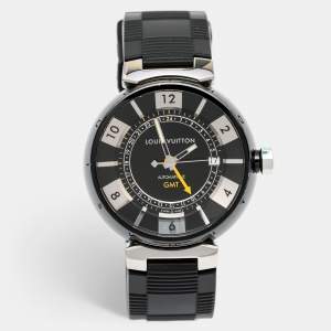 Louis Vuitton Black PVD Coated Stainless Steel Rubber Tambour GMT Q113K Men's Wristwatch 41 mm