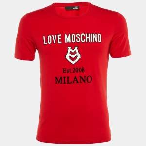 Pre Owned Love Moschino Red Logo Print Cotton Crew Neck T-Shirt M
