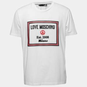 Love Moschino White Logo Embossed Cotton Knit T-Shirt XL