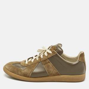 Pre Owned Maison Martin Margiela Dark Green Leather and Suede Tabi Low Top Sneakers Size 44