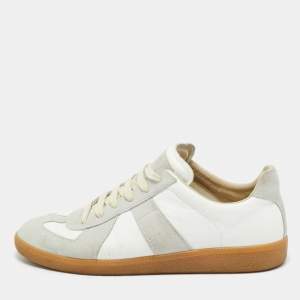 Pre Owned Maison Martin Margiela White/Grey Leather and Suede Replica Lace Up Sneakers Size 42