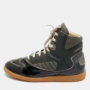 مملوكة مسبقًا Maison Martin Margiela Size 45 Black Patent Leather and Suede High Top Sneakers