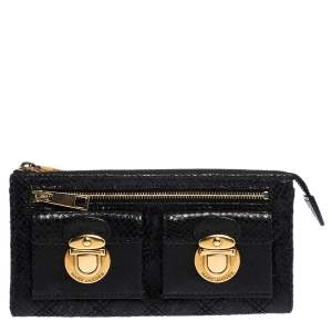 Marc Jacobs Black Python Embossed Leather Double Pocket Zip Wallet