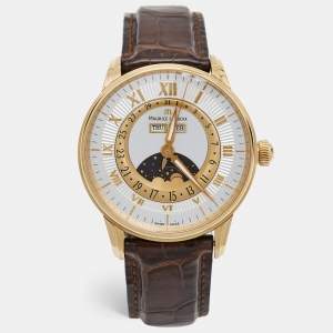 Maurice Lacroix Silver 18K Rose Gold Crocodile Leather Masterpiece Phase De Lune MP6428-PG101-11E Men's Wristwatch 40 mm