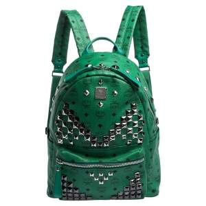 MCM Green Coated Canvas and Leather Large Studs Stark Backpack