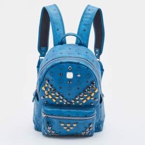 MCM Blue Visetos Coated Canvas and Leather Large Studs Stark Backpack