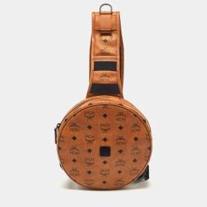 MCM Cognac Visetos Coated Canvas and Leather Round Sling Bag