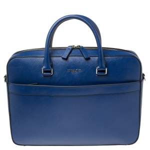 Michael Kors Sapphire Blue Leather Harrison Front Zip Briefcase