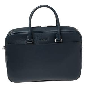 Michael Kors Navy Blue Leather Cooper Double Zip Casual Briefcase 