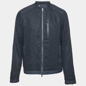 Michael Kors Navy Blue Nylon Trim Linen Zip-Up Jacket M