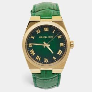 Michael Kors Green Gold Plated Stainless Steel Leather Channing MK2356 Unisex Wristwatch 38 mm 