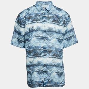 Missoni Blue Macro Chevron Print Linen Short Sleeve Button Front XL