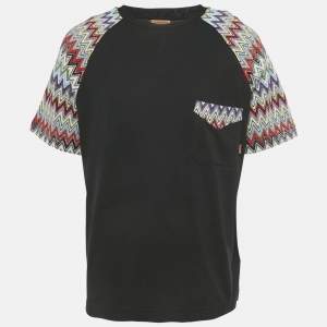 Pre Owned Missoni Black Zig Zag Knit Inserts Cotton Crewneck T-Shirt M