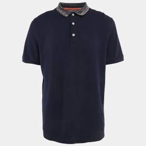Missoni Navy Blue Cotton Pique Patterned Collar Polo T-Shirt XL