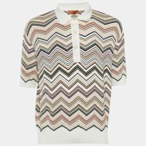 Pre Owned Missoni White Chevron Cotton Knit Polo T-Shirt M