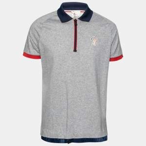 Moncler Grenoble Grey Cotton Logo Applique Zip Front Polo T-Shirt XXL