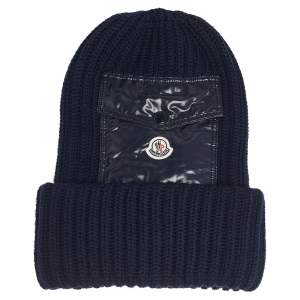Moncler Navy Blue Ribbed Wool & Synthetic Pocket Patch Detail Beanie 