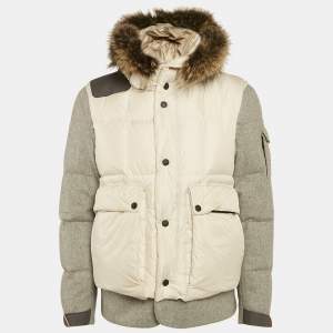 Moncler Beige Coyote Fur Trim Synthetic and Wool Colmiane Guibbotto Down Jacket L