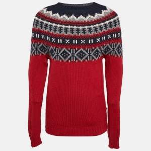 Moncler Red/Blue Intarsia Wool Knit Mock Neck Sweater L