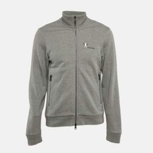 Moncler Grey Logo Print Cotton Knit Zip-Up Jacket M