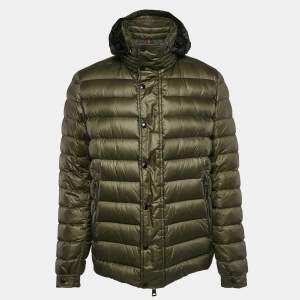 Moncler Khaki Green Nylon Zip-Up Gergy Down Jacket L