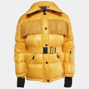 Moncler Yellow Nylon Button Front Fringe Detail Quilted Down Jacket L