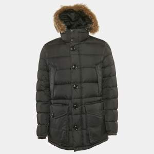 Moncler Black Real Fur Trim Nylon Hooded Down Jacket L