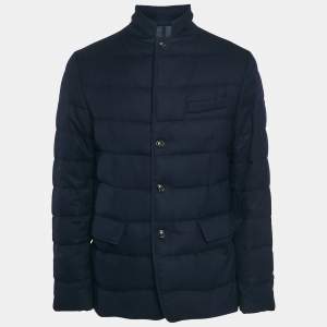 Moncler Navy Blue Wool Zip-Up Quilted Down Jacket L