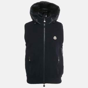 Pre Owned Moncler Navy Blue Wool & Synthetic Logo Patch Hooded Down Vest XL