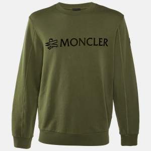 Pre Owned Moncler Green Logo Print Cotton Knit Sweatshirt L