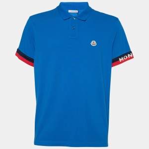 Moncler Blue Cotton Pique Logo Trim Polo T-Shirt XXL