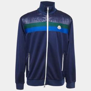 Moncler Navy Blue Striped Logo Patch Zip Up Jacket XL
