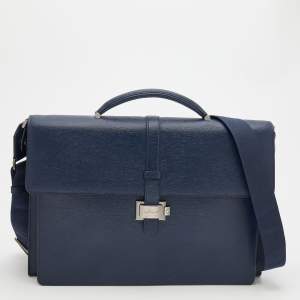 Montblanc Navy Blue Leather Westside Triple Gusset Briefcase