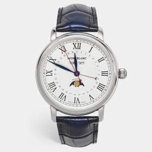Pre Owned Montblanc Star Legacy Full Calendar M129178 Silver Dial Stainless Steel Alligator Leather Men's Wristwatch 42 mm