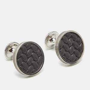 مملوكة مسبقًا Montblanc Monograin Black Leather Inlay Steel Cufflinks