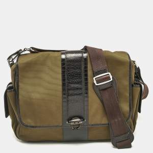 Montblanc Olive Green/Brown Croc Embossed Leather and Nylon Nightflight Messenger Bag