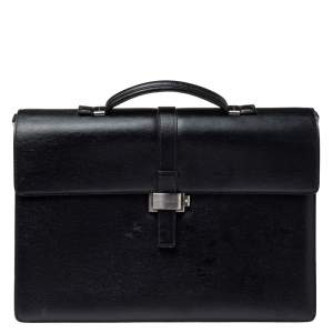Pre Owned Montblanc Black Textured Leather Westside Double Gusset Briefcase