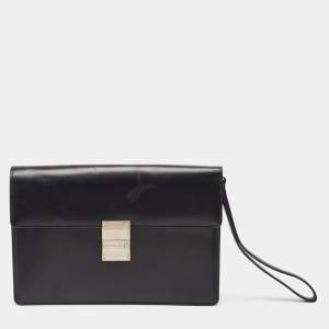 Montblanc Black Leather Flap Wristlet Clutch
