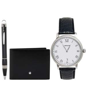 Montblanc White Stainless Steel Alligator Traditional 7336 Men's Wristwatch 40 mm Wallet & Ballpoint Pen Set 